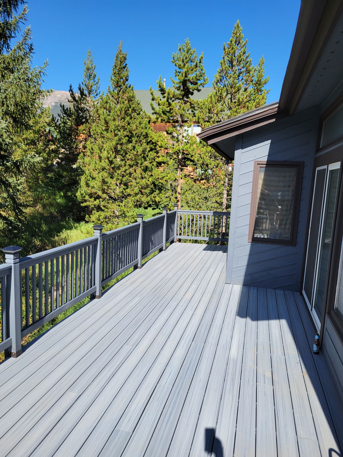 Finished deck with gray composite decking boards and black metal balusters, attached to a house with gray lap siding, surrounded by conifer trees under a clear blue sky.